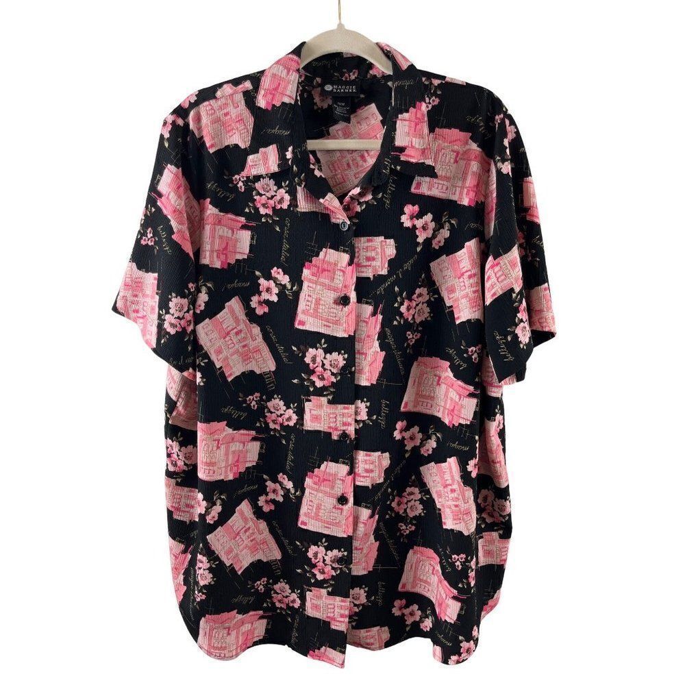 Maggie Barnes Novelty Italian Landscape Floral Button Up Blouse 18W Black Pink